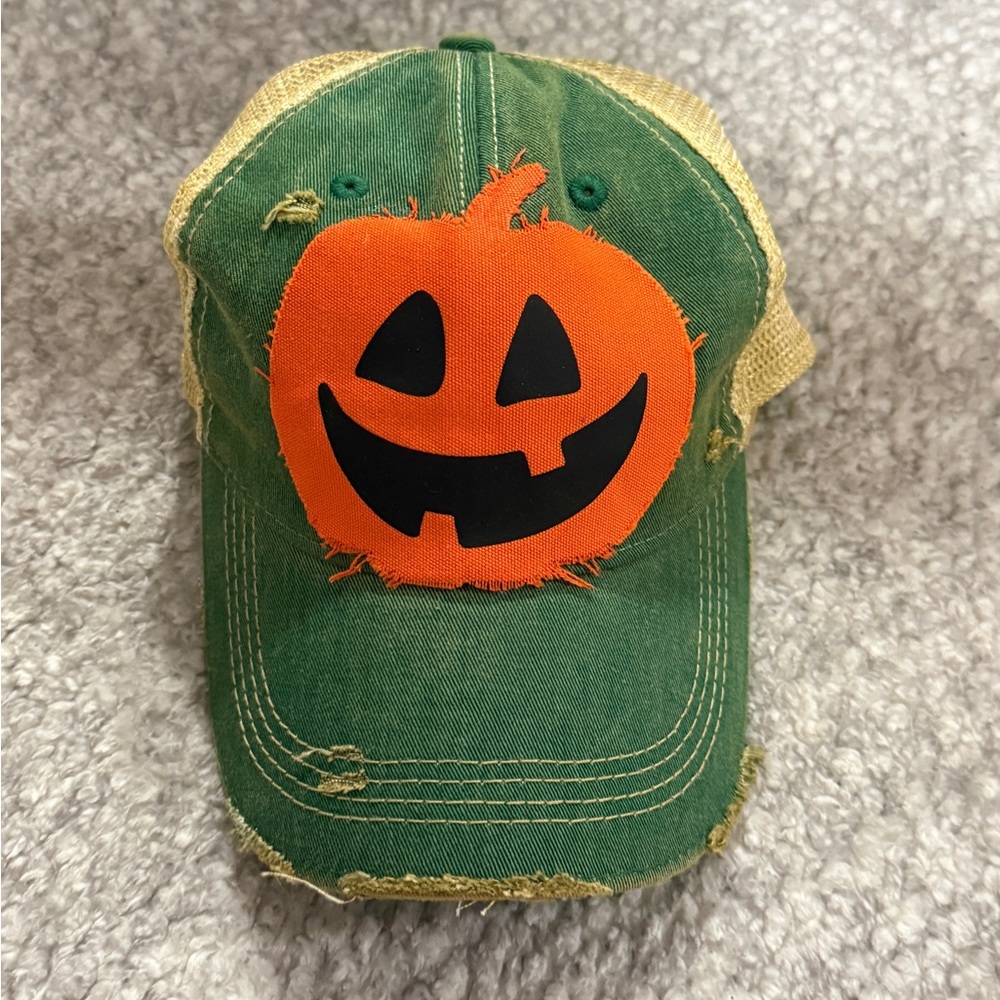 Halloween Hat Green Trucker w Orange Pumpkin Patch Distressed SnapBack Cap